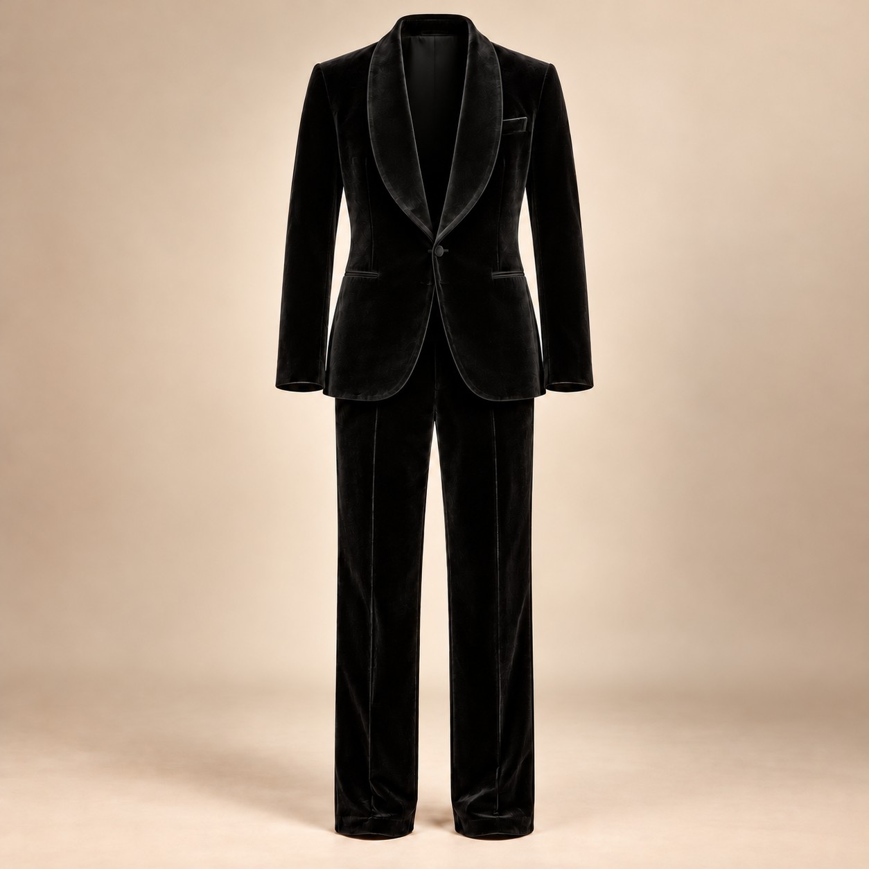 Black Midnight Shawl Suit, full front view